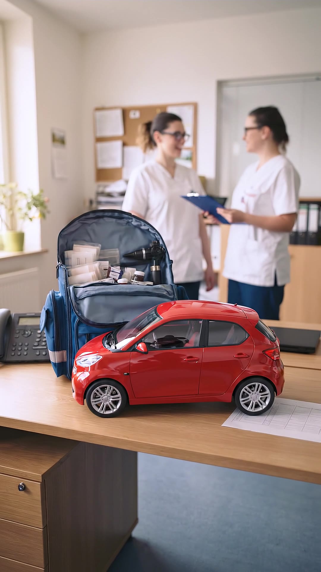 Kleines rotes Auto fährt aus einer Pflegetasche